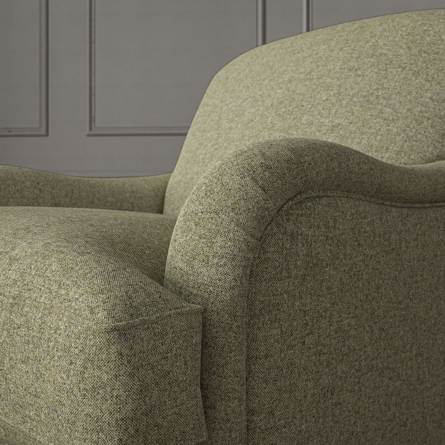 Green chair upholstered in a plain pure wool woven fabric.