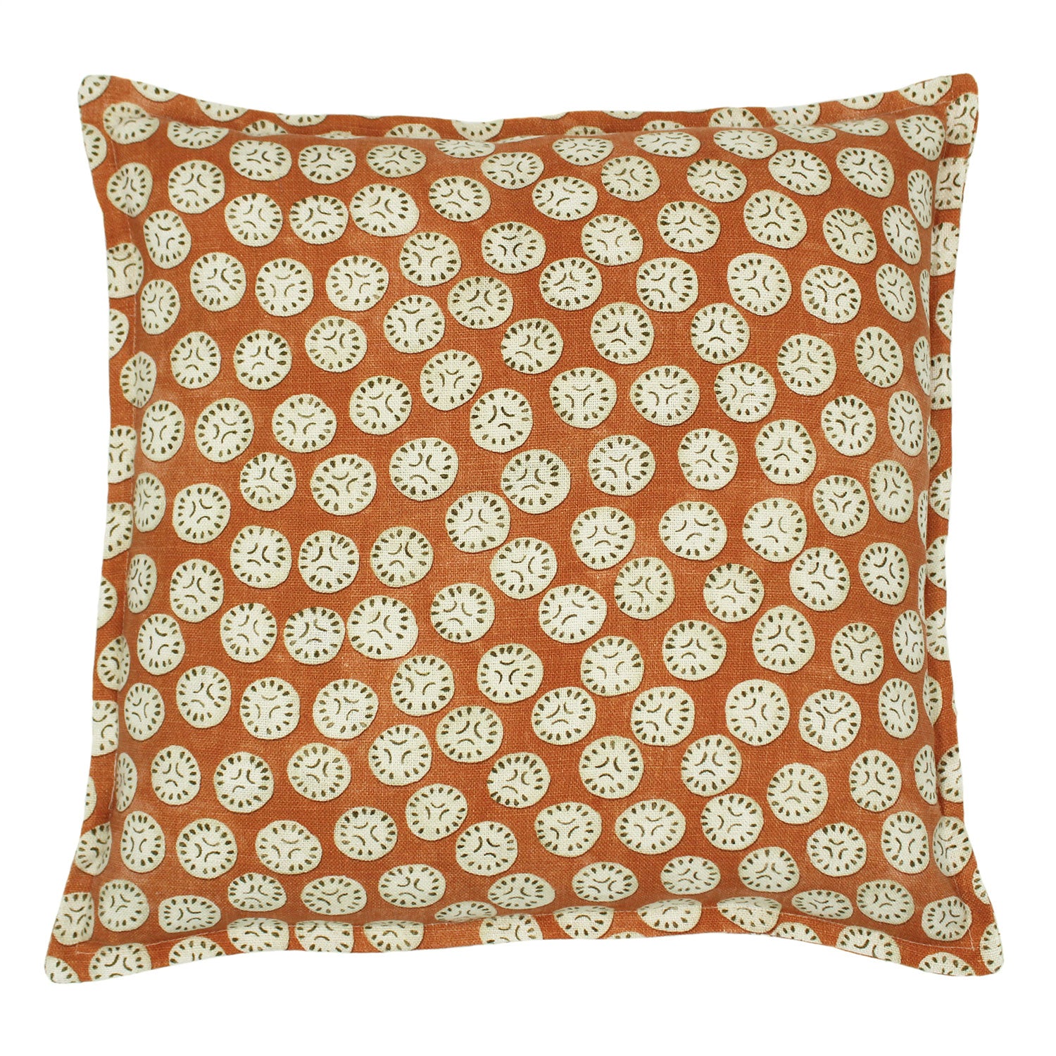 A orange, cream and black linen cushion with a all-over repeat pattern.