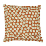 A orange, cream and black linen cushion with a all-over repeat pattern.