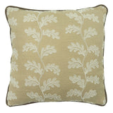 Decorative sand coloured cushion with a off-white leaf pattern.