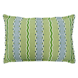 Embroidered cushion with blue and green stripes.