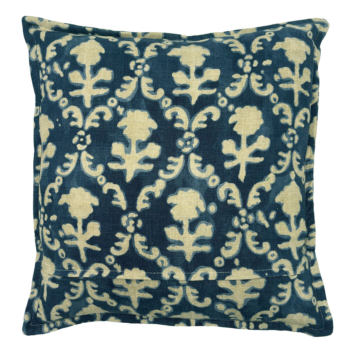 Decorative pillow with blue and beige floral pattern on a off-white background