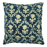 Decorative pillow with blue and beige floral pattern on a off-white background