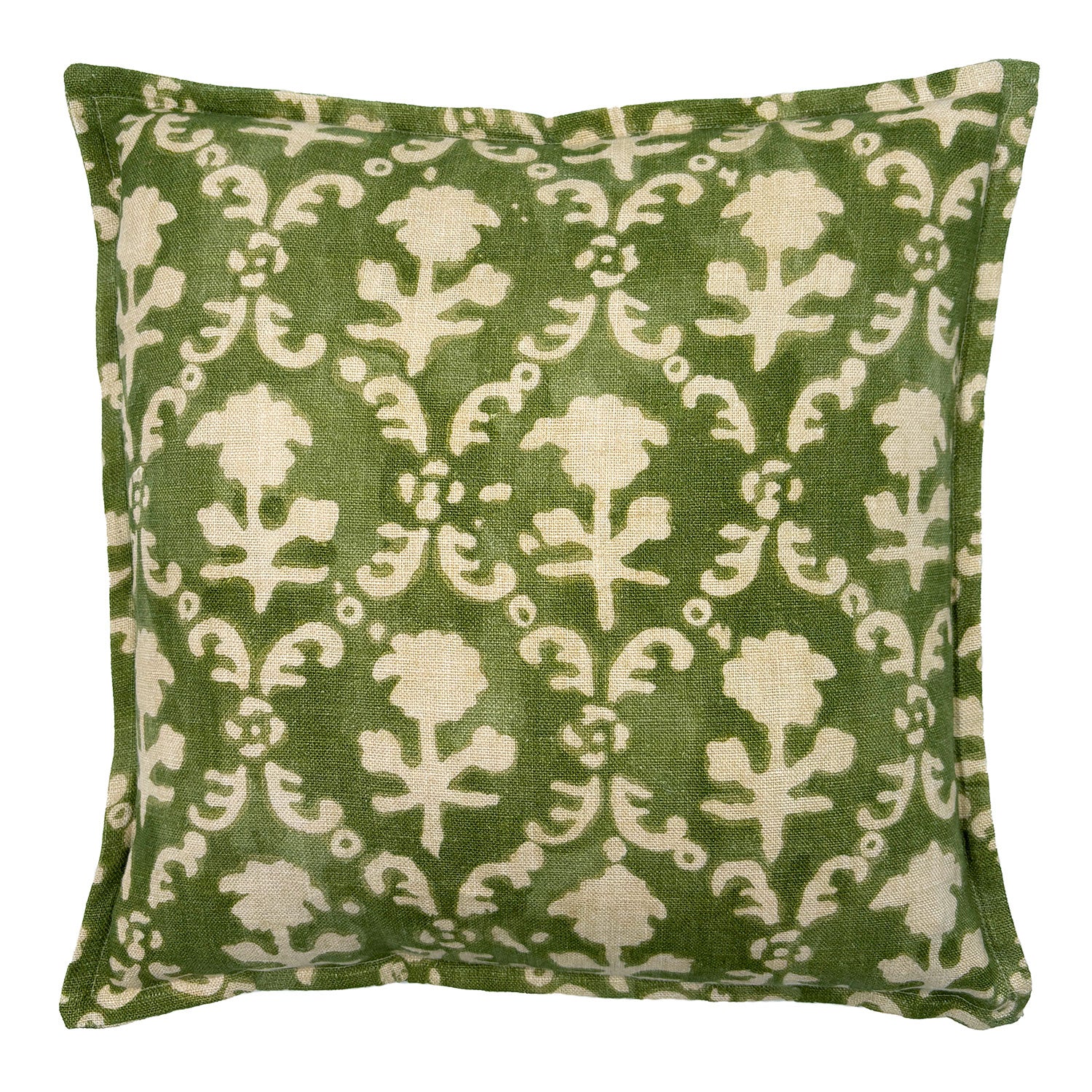 Decorative green pillow with a ivory floral pattern.