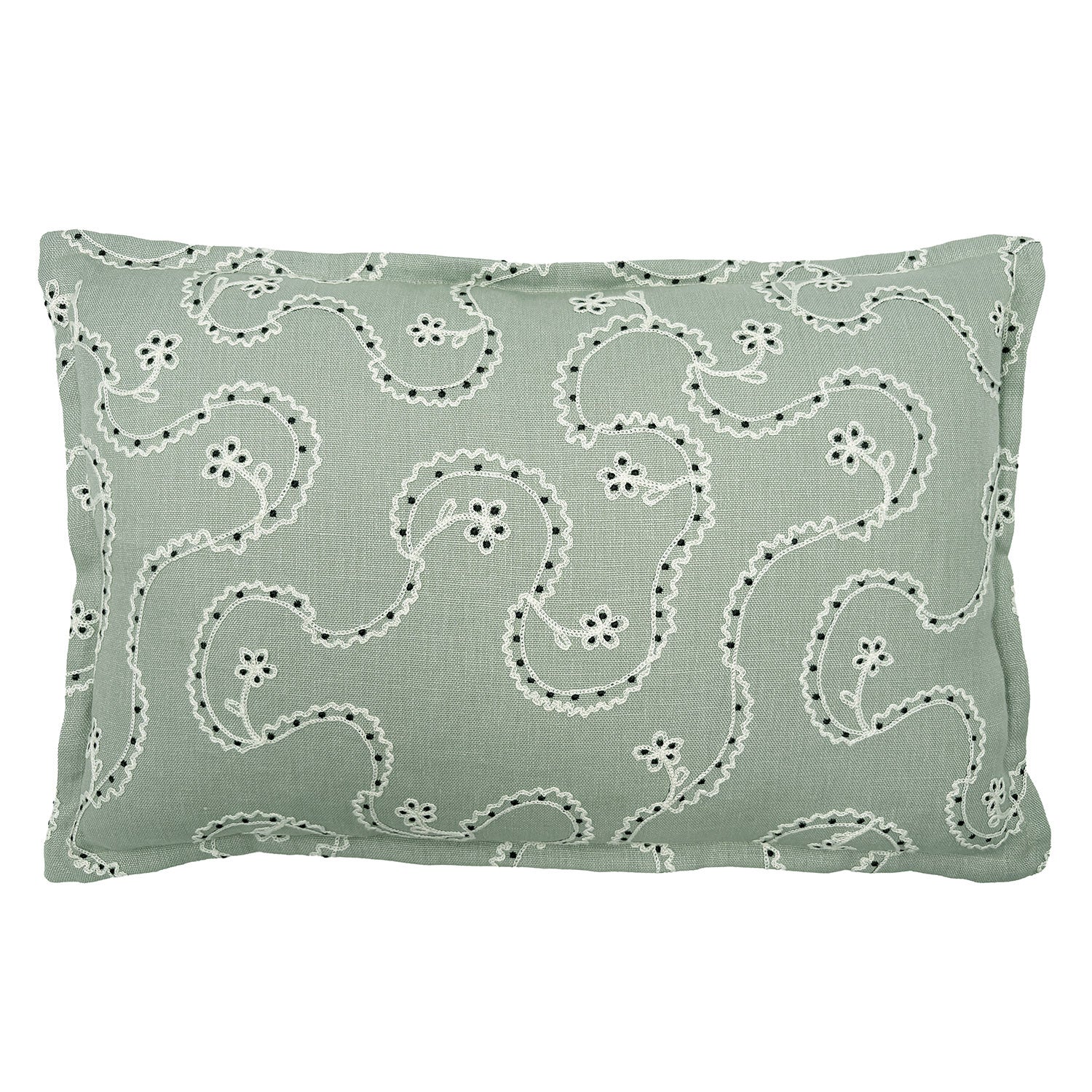 Decorative cushion with a free-flowing floral pattern on a light blue background.