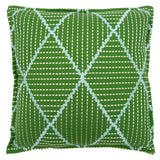 Green cushion with geometric blue pattern.