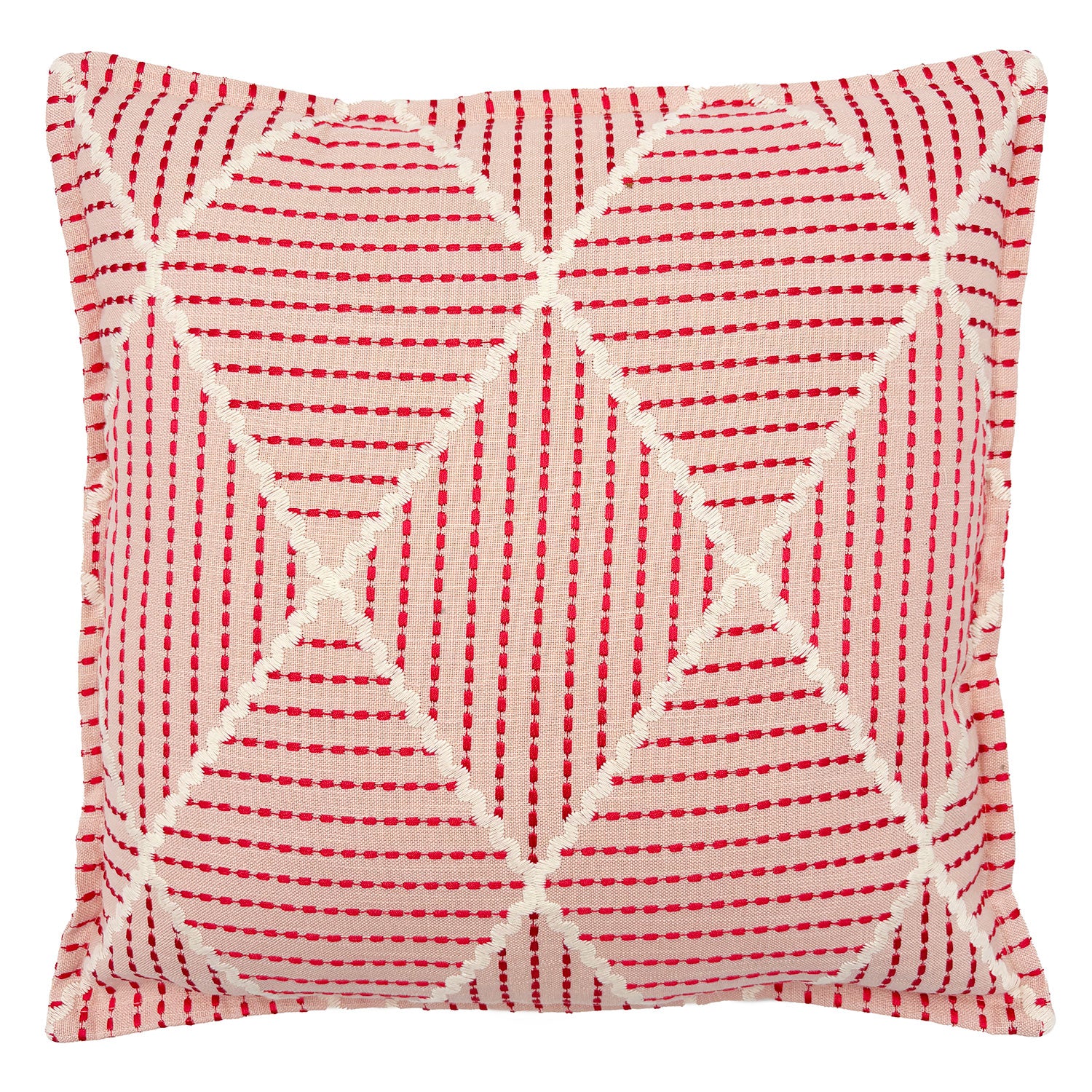 Pink cushion with geometric red pattern.