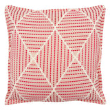 Pink cushion with geometric red pattern.
