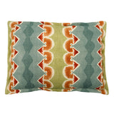 Decorative cushion with geometric pattern in blue, green and ochre.