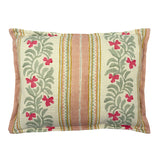 Decorative cushion with floral patterns and stripes on a off-white background.
