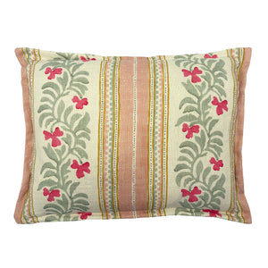 Decorative cushion with floral patterns and stripes on a off-white background.