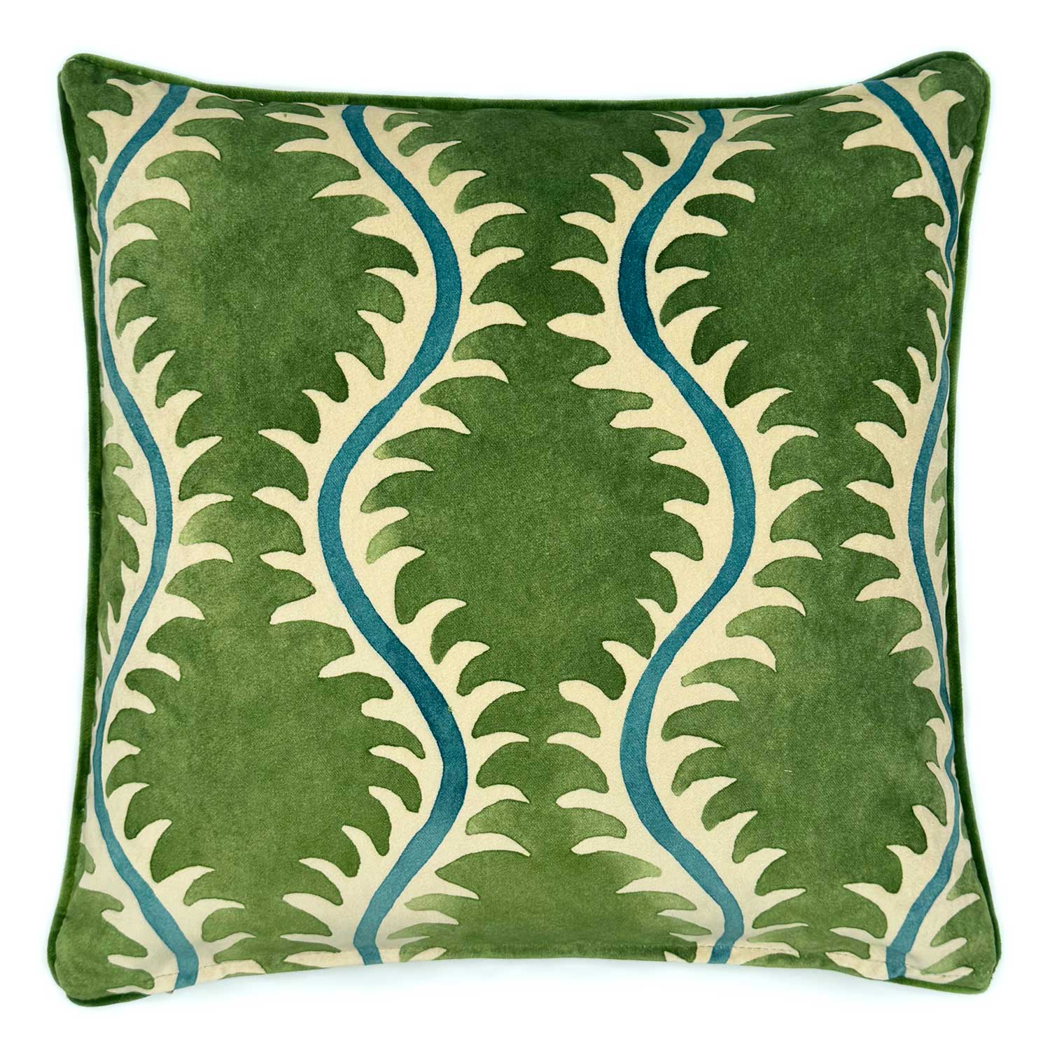 A green, blue and off white velvet cushion with a all-over repeat pattern and velvet piping.