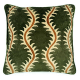 A green, orange and off white velvet cushion with a all-over repeat pattern and velvet piping.