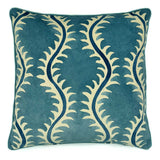 A blue and off white velvet cushion with a all-over repeat pattern and velvet piping.