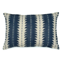 A blue and off white linen cushion with an attractive ‘fern’ design and finished with a sleek, Oxford edge.