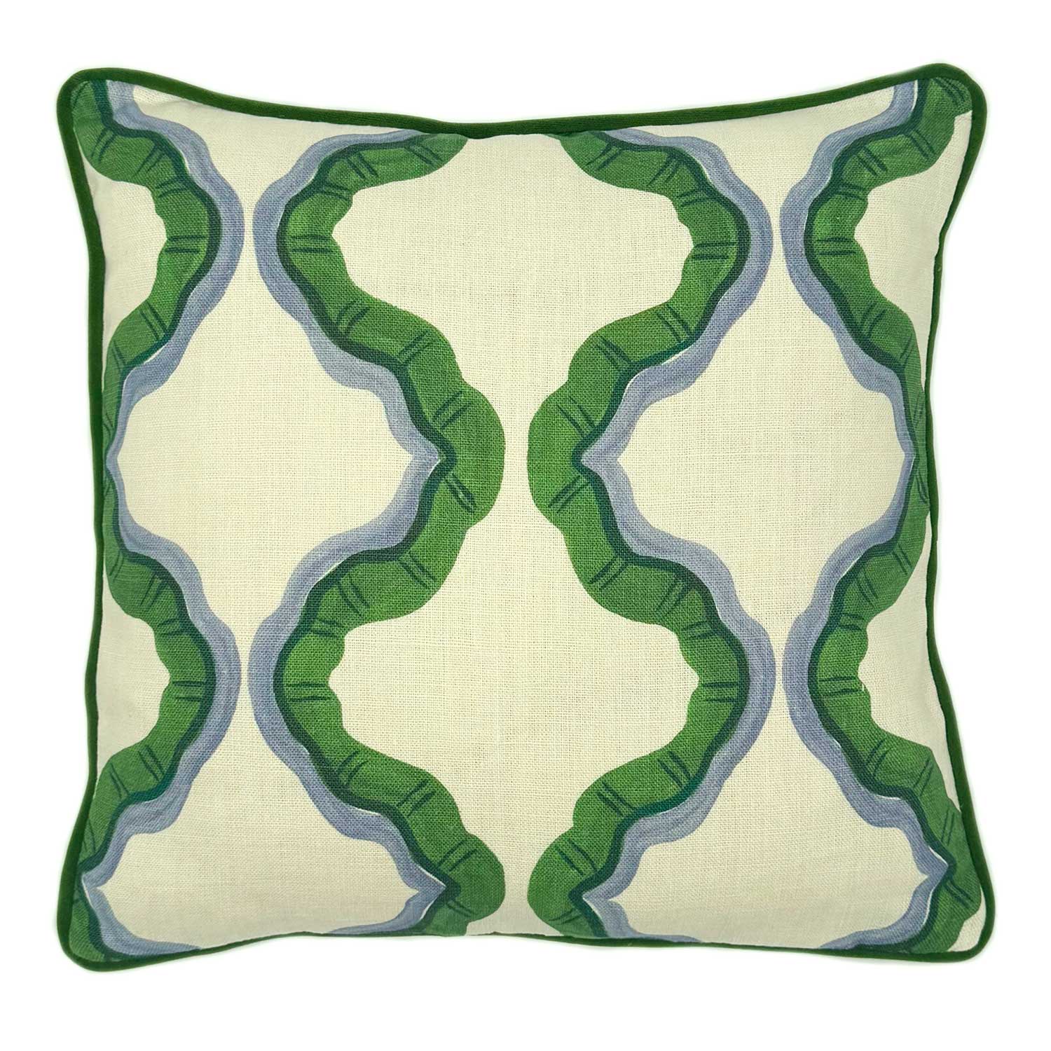 A green, blue and off white linen cushion featuring a mirrored ribbon pattern with a velvet piping.