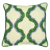 A green, blue and off white linen cushion featuring a mirrored ribbon pattern with a velvet piping.