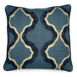 A blue and off white linen cushion featuring a mirrored ribbon pattern with a velvet piping.