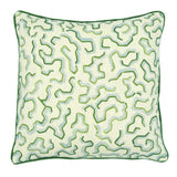 A green, blue and off white printed linen cushion with an animal style pattern.