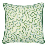 A green, blue and off white printed linen cushion with an animal style pattern.