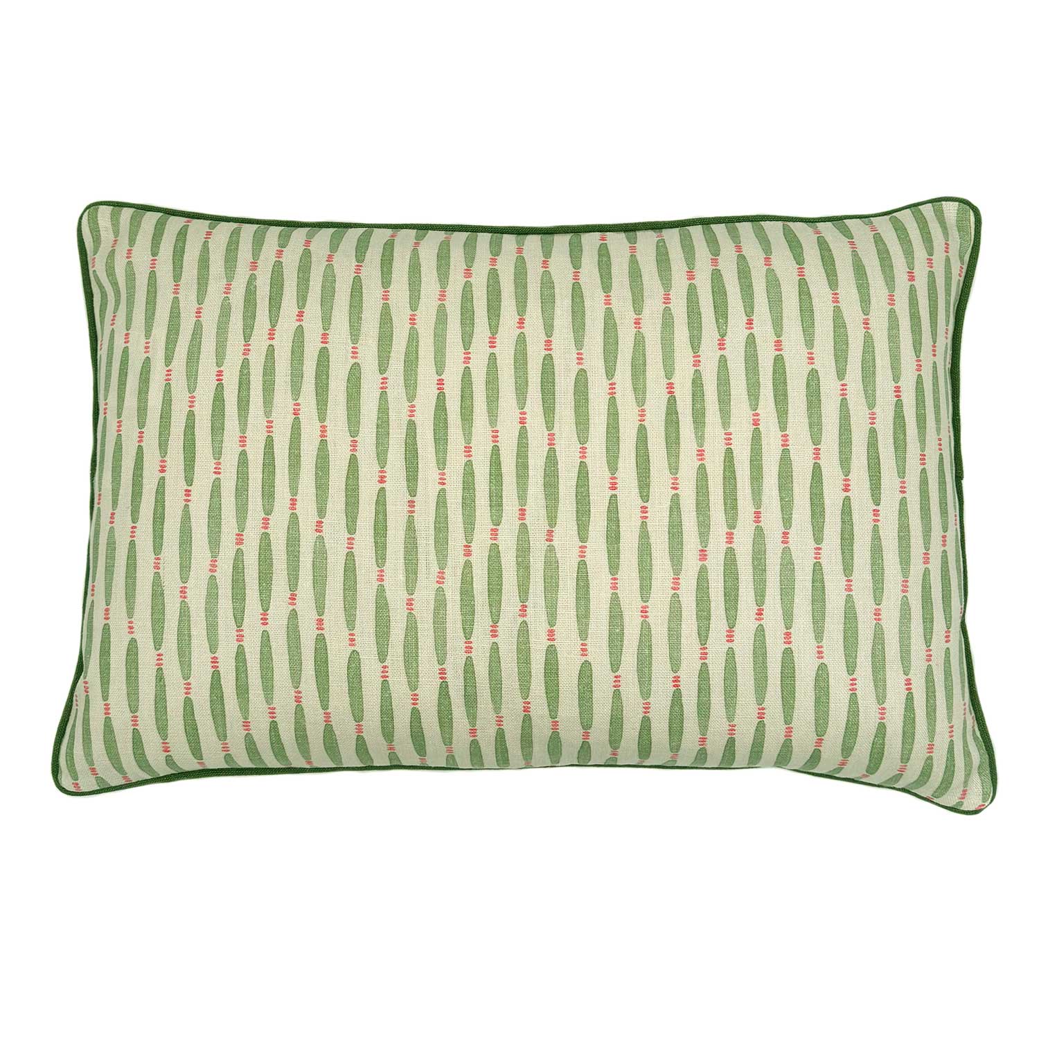 A green, pink and off white linen cushion featuring a beautiful small-scale pattern with a velvet piping.