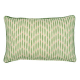 A green, pink and off white linen cushion featuring a beautiful small-scale pattern with a velvet piping.