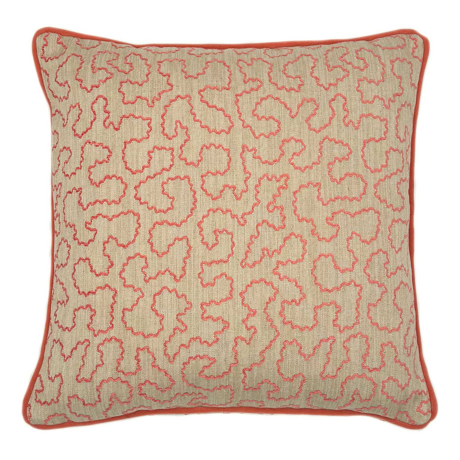 A pink and off white woven cushion featuring a wavy pattern with a velvet piping.