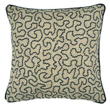 A black and off white woven cushion featuring a wavy pattern with a velvet piping.