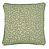 A green and off white woven cushion featuring a wavy pattern with a velvet piping.