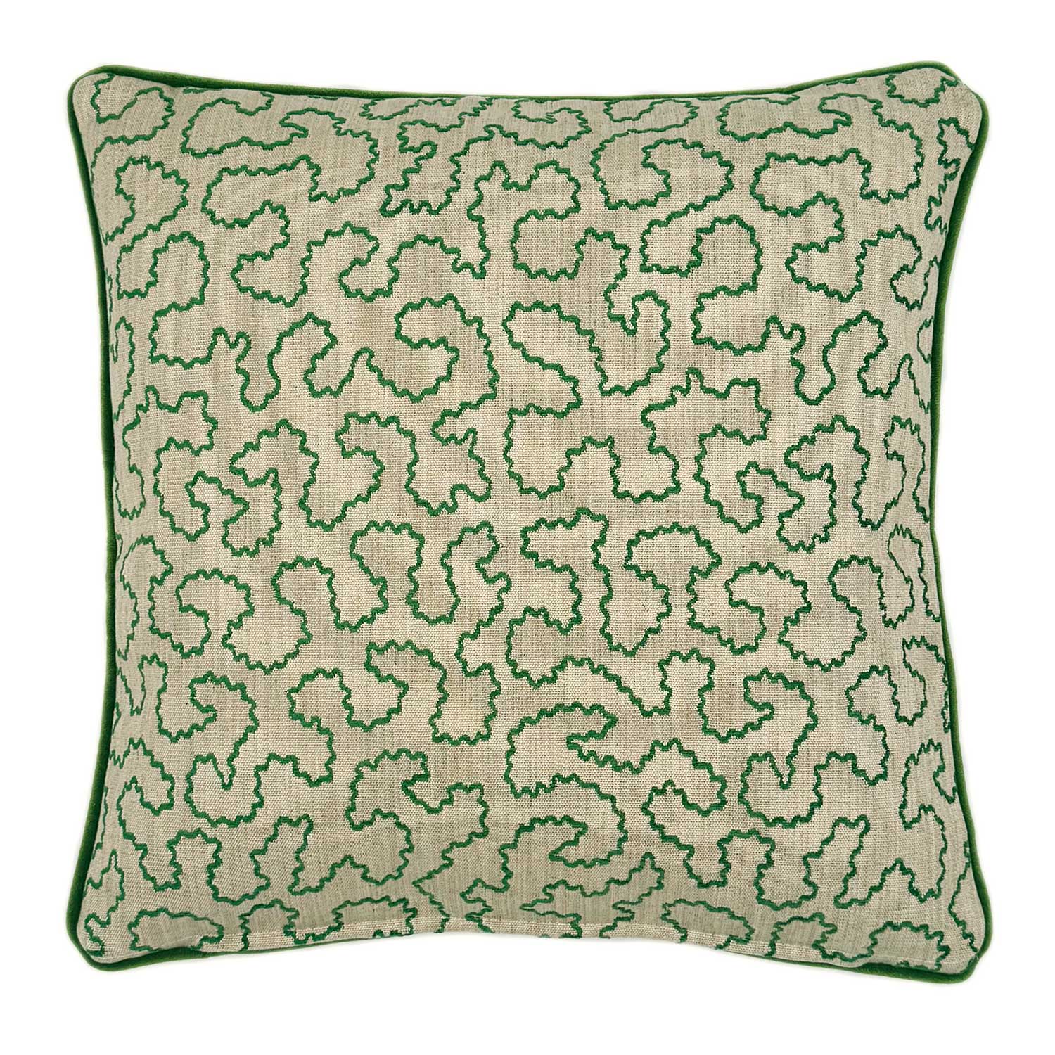 A green and off white woven cushion featuring a wavy pattern with a velvet piping.