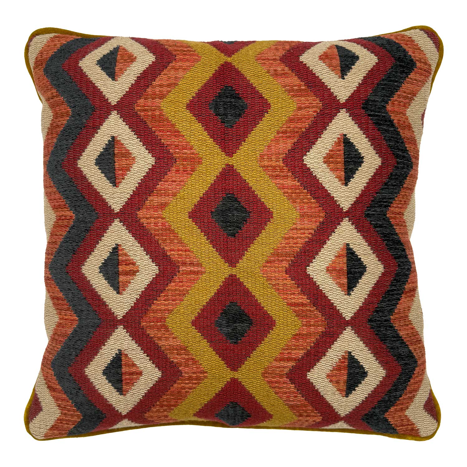 Linwood cushion in Amala Red. Overhead view showing the full front design, featuring a bold geometric pattern inspired by traditional Navajo motifs.