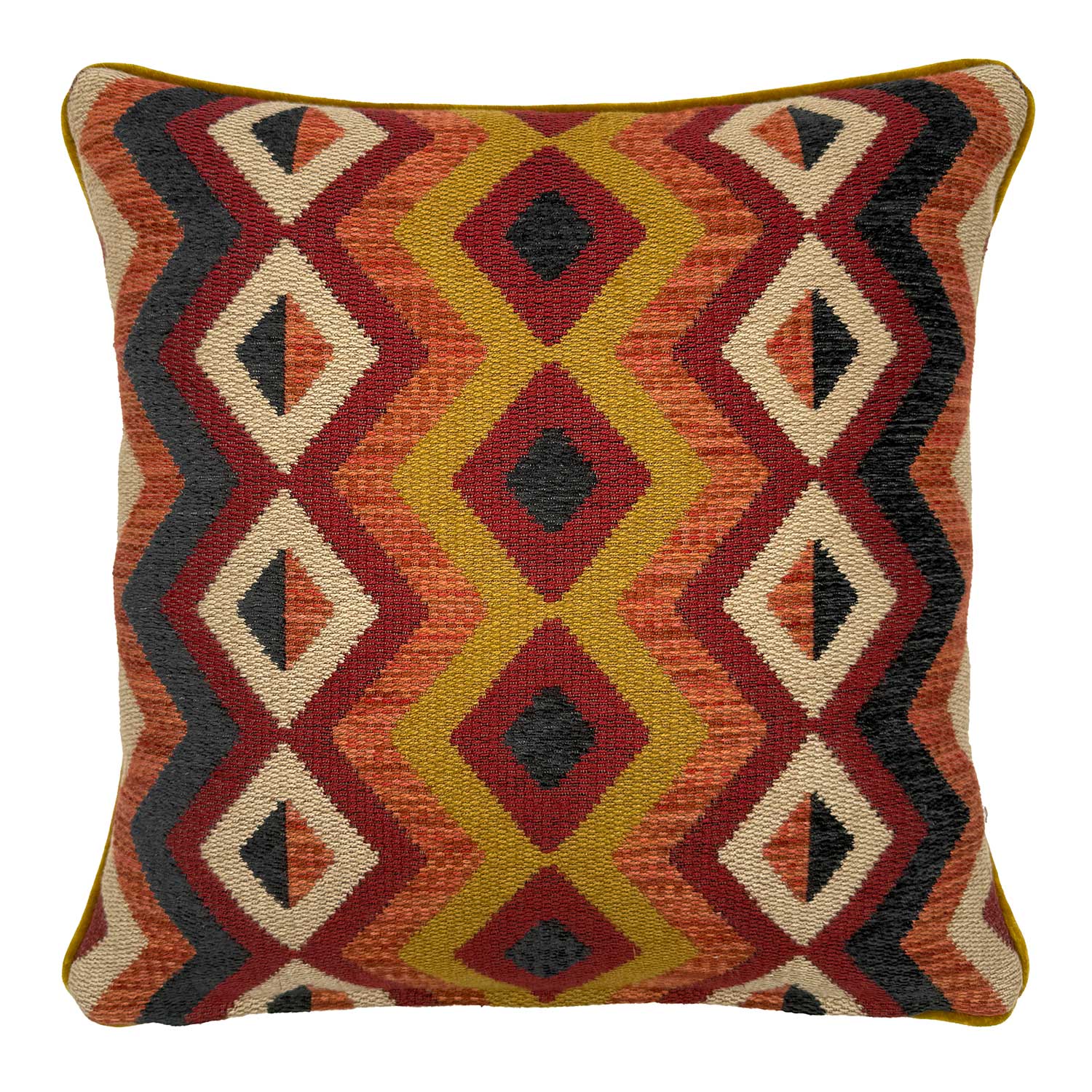 Back of Linwood cushion in Amala Red Overhead view of the reverse side, made in matching fabric.