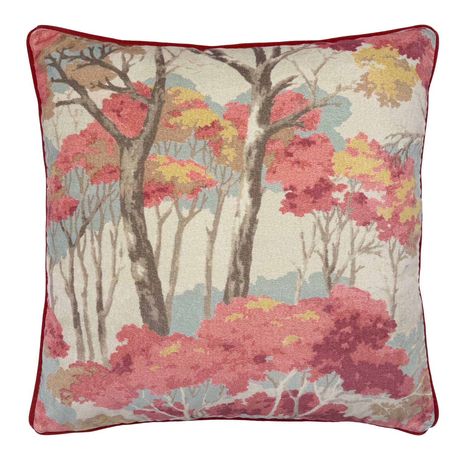 Linwood cushion in Arboreal Cloud. Overhead view showing the full front design, featuring a charming woodland scene based on a 1940s pattern.