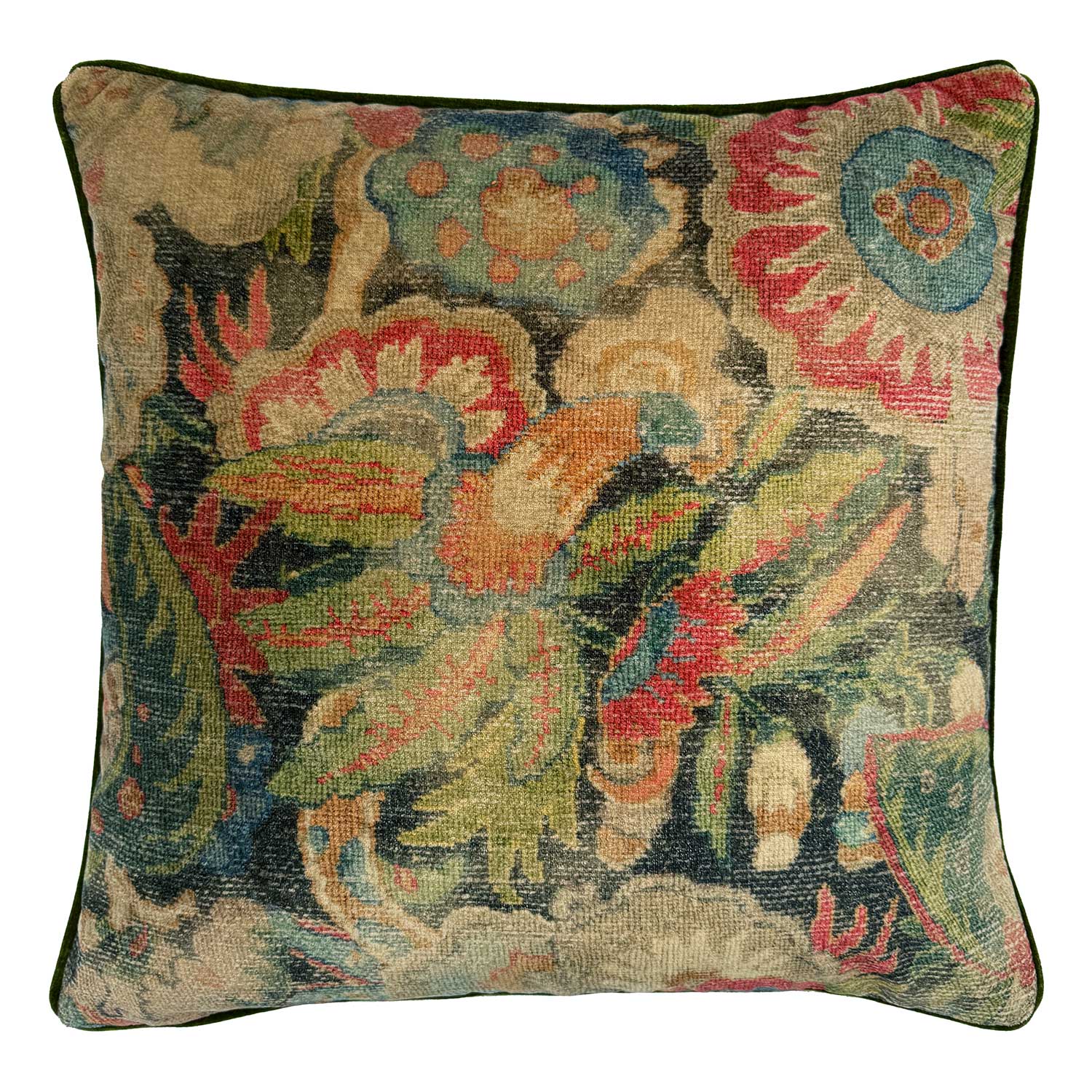 Linwood cushion in Bizarre Multi. Overhead view showing the full front design, featuring  a striking pattern of stylised flowers and asymmetrical leaves.