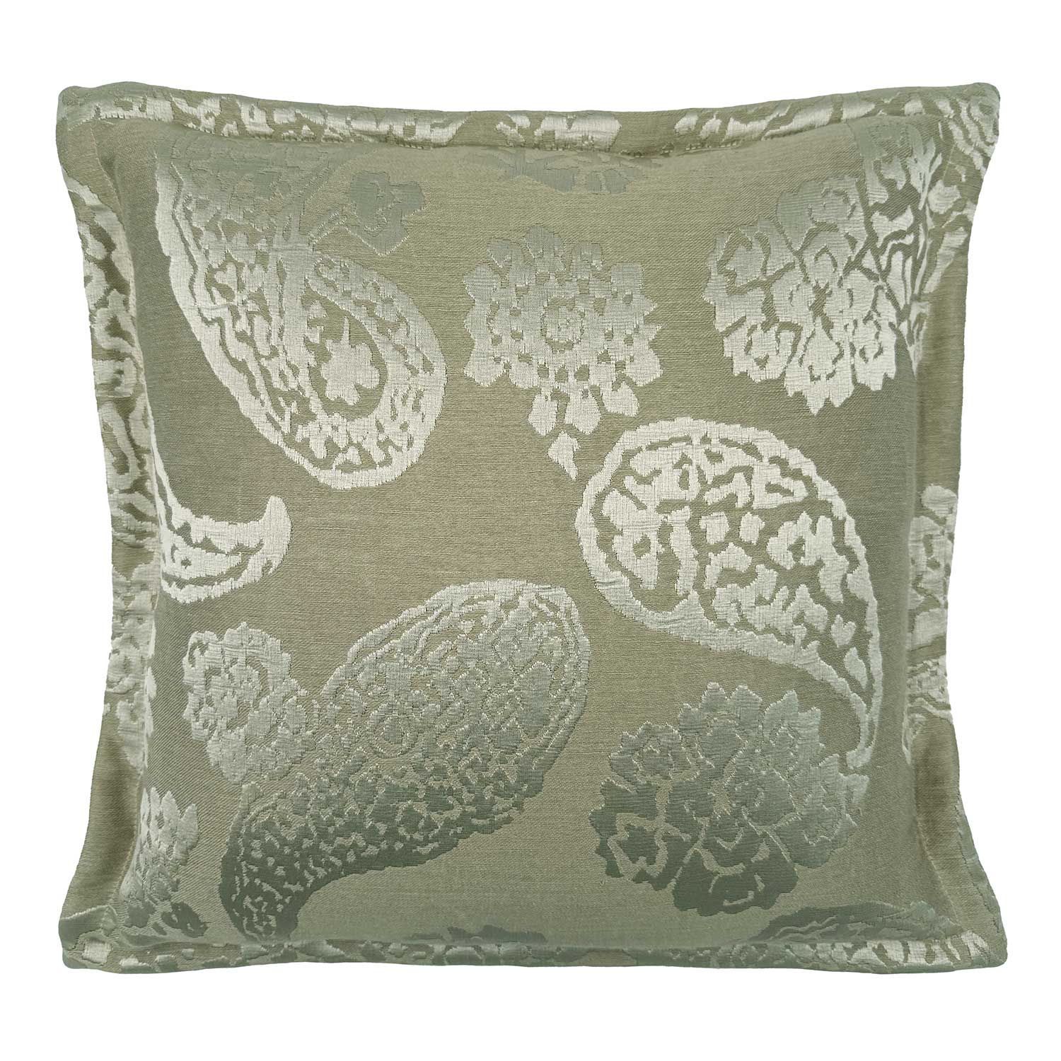 Linwood cushion in Aurora Yorkstone. Overhead view showing the full front design, featuring this subtle paisley pattern.