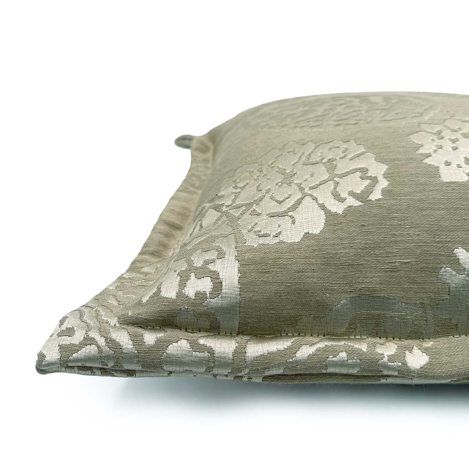 Close-up side view of Linwood cushion in Aurora Yorkstone, showing fabric texture and Oxford edge detail.