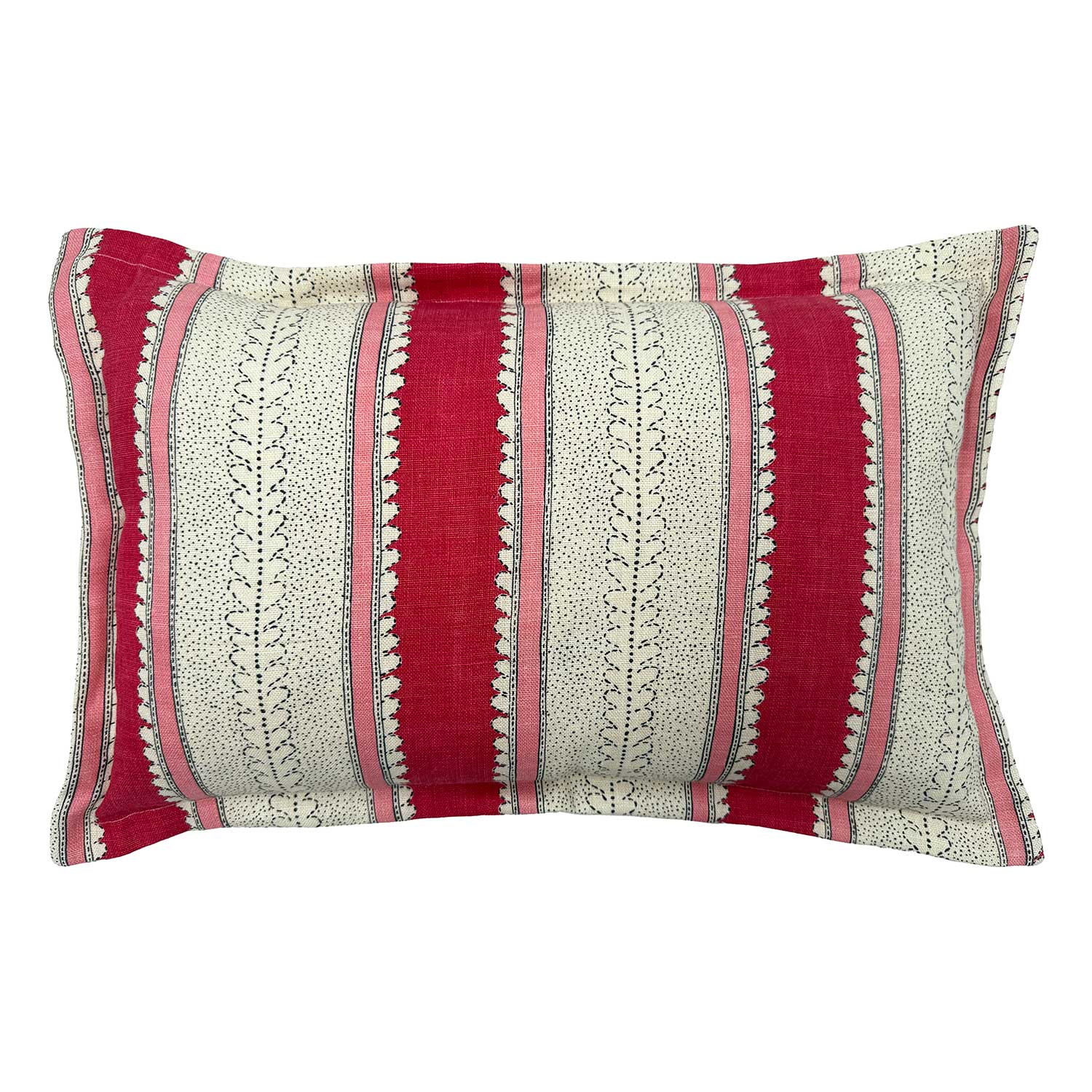 Linwood cushion in Dimty, Dragon Fruit colourway. Overhead view showing the full front design, featuring rich red and blush pink bands with subtle dots and dashes.