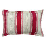 Linwood cushion in Dimty, Dragon Fruit colourway. Overhead view showing the full front design, featuring rich red and blush pink bands with subtle dots and dashes.