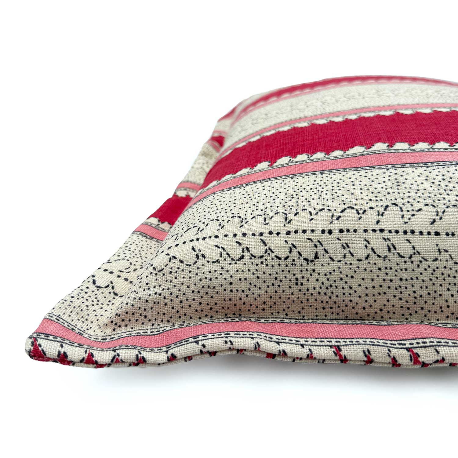 Close-up side view of Linwood cushion in Dimity, Dragon Fruit showing the Oxford edge detail.