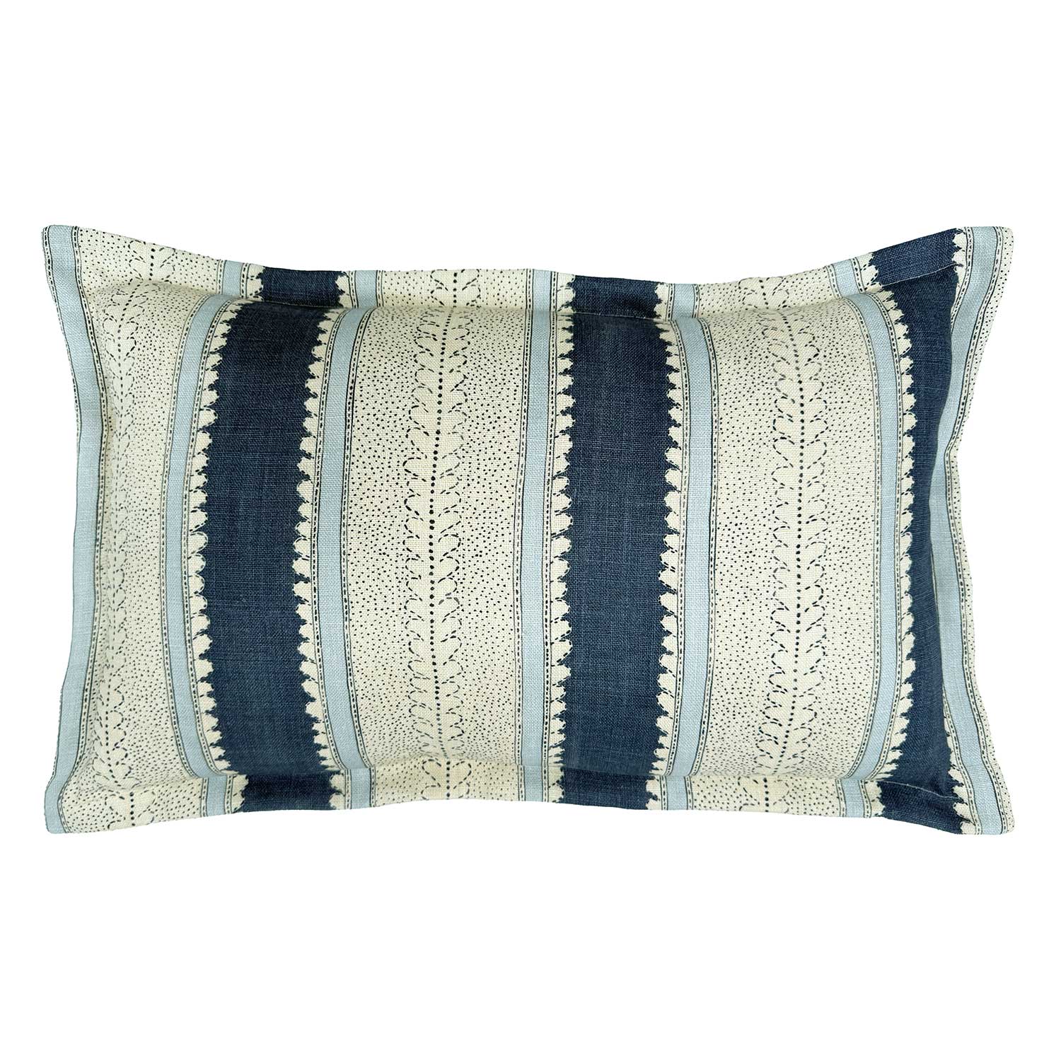 Linwood cushion in Dimity, Indigo. Overhead view showing the full front design, featuring deep indigo and soft blue bands with subtle dots and dashes.