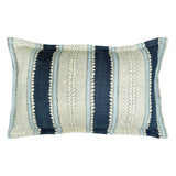 Linwood cushion in Dimity, Indigo. Overhead view showing the full front design, featuring deep indigo and soft blue bands with subtle dots and dashes.