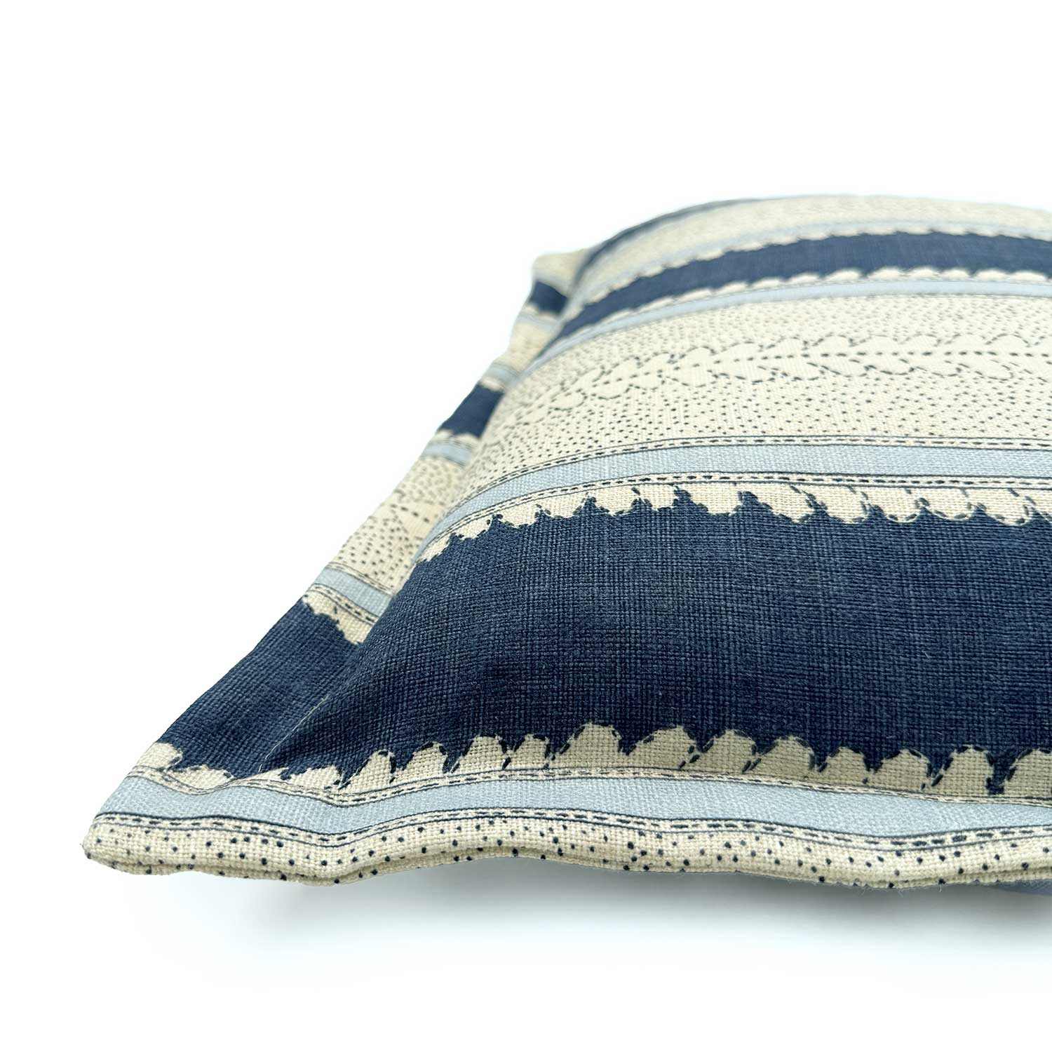 Close-up side view of Linwood cushion in Dimity, Indigo, showing fabric texture and Oxford edge detail.