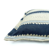 Close-up side view of Linwood cushion in Dimity, Indigo, showing fabric texture and Oxford edge detail.