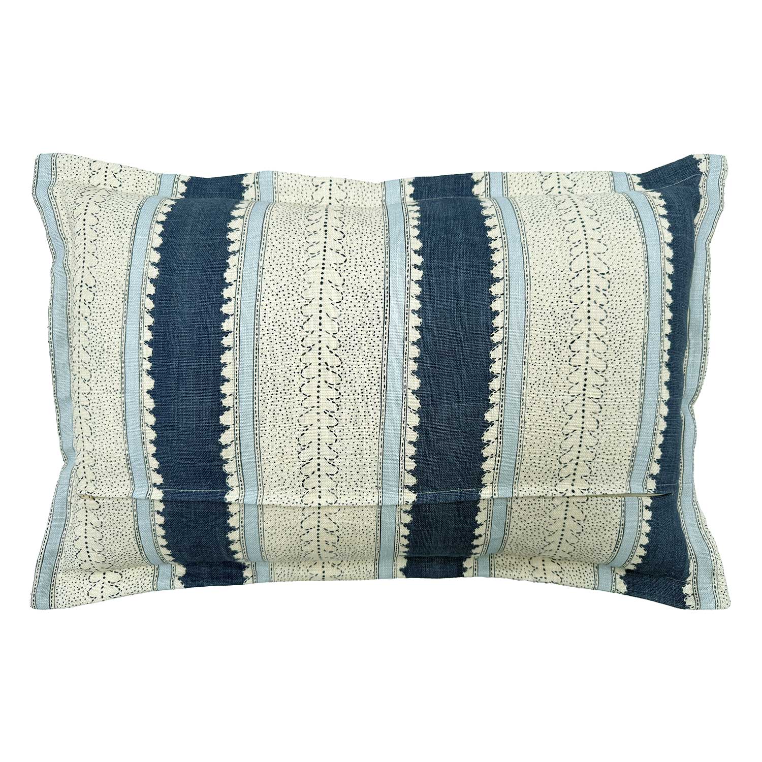 Back of Linwood cushion in Dimity, Indigo colourway. Overhead view of the reverse side, made in matching fabric.