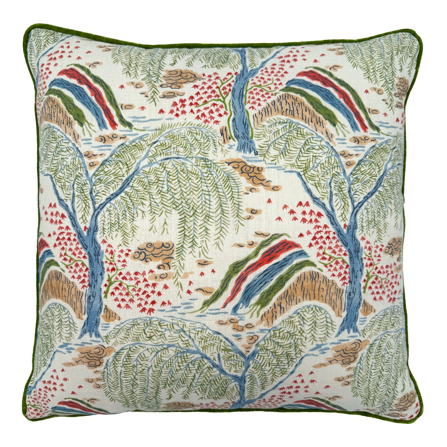 Linwood cushion in Gwendolyn, Cranberry colourway. Overhead view showing the full front design,  featuring fine design details, such as fine leaves and restrained hues. 