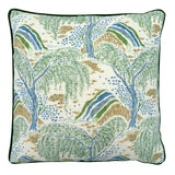 Linwood cushion in Gwendolyn, Emerald  colourway. Overhead view showing the full front design,  featuring fine design details, such as fine leaves and restrained hues. 