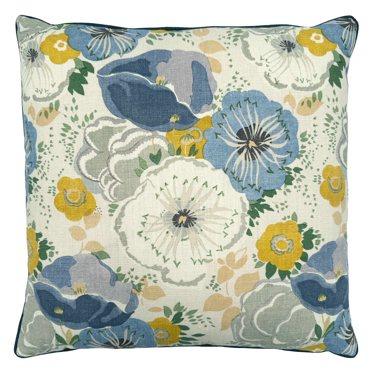 Linwood cushion in Joni, Chambray colourway. Overhead view showing the full front design, featuring an abundance of flowers and foliage, enhanced with painterly brush strokes.
