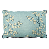 Linwood cushion in Lottie, Sky colourway. Overhead view showing the full front design, features a pattern that captures the simple beauty of honesty seedheads.
