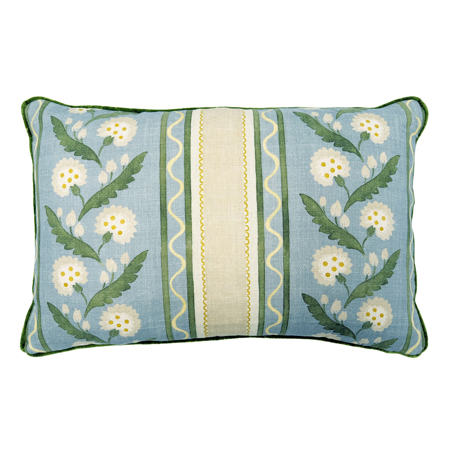 Linwood cushion in Polly Stripe, Lakeside  colourway. Overhead view showing the full front design, features a stylised dandelion framed by bands of complementary colour, edged with a playful, wavy line.