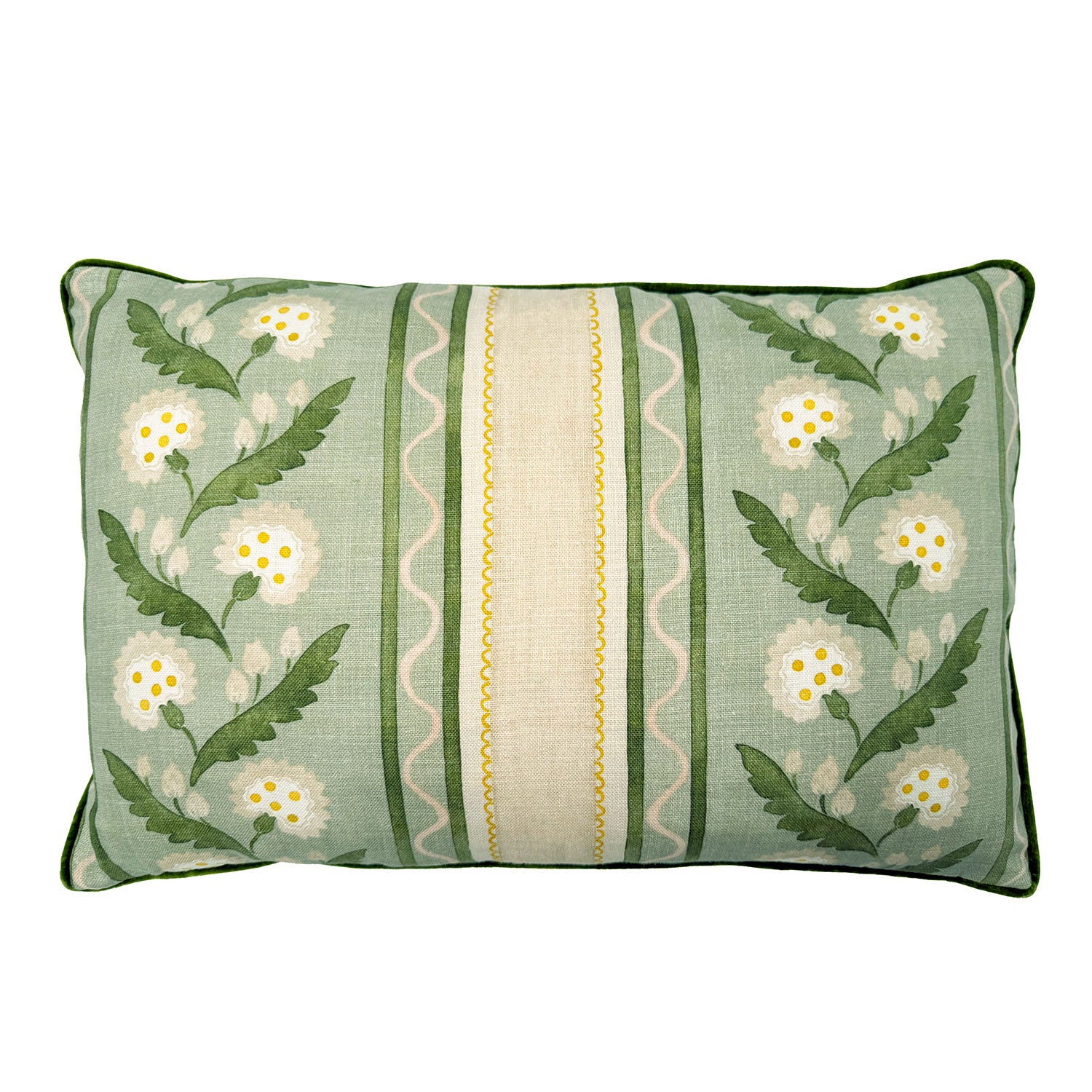 Linwood cushion in Polly, Stripe Moss colourway. Overhead view showing the full front design, features a stylised dandelion framed by bands of complementary colour, edged with a playful, wavy line.